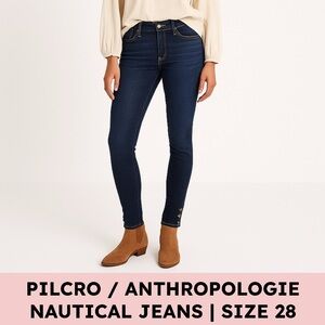 Anthropologie Pilcro Skinny Jeans Dark Wash Gold Ankle Snap Nautical Size 28